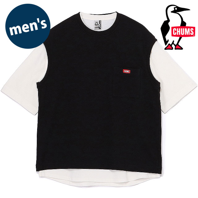 チャムス CHUMS メンズ キーストーンレイヤードTシャツ CH00-1493 SS26 M Keystone Layered T-Shirt 半袖 ベスト セットアイテム ブラック Black 正規取扱店 | CHUMS