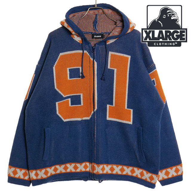 X-LARGE / ジップアップフーデットニット/セーター(厚手)/XL/アクリル/ブルー/101241021014 XLARGE（エクストラ ラージ） メンズ ジップアップフーデッドニット