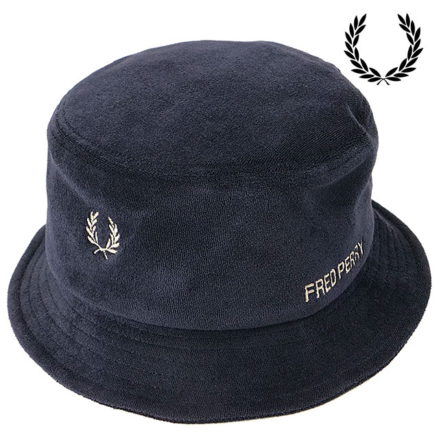 フレッドペリー FRED PERRY タオリングデュアルブランデッド バケットハット HW7678-608 SS24Q2 TOWELLING DUAL BRANDED BUCKET HAT メンズ・レディース NAVY｜mischief