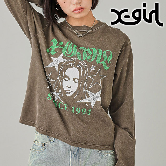エックスガール X-girl スターアンドフェイスロゴ フェイデッド ロングスリーブTシャツ 105251011007 SS25 STAR AND FACE LOGO FADED LS TEE OLIVE  正規取扱店 X-girl エックスガール スターアンドフェイスロゴ フェイデッド