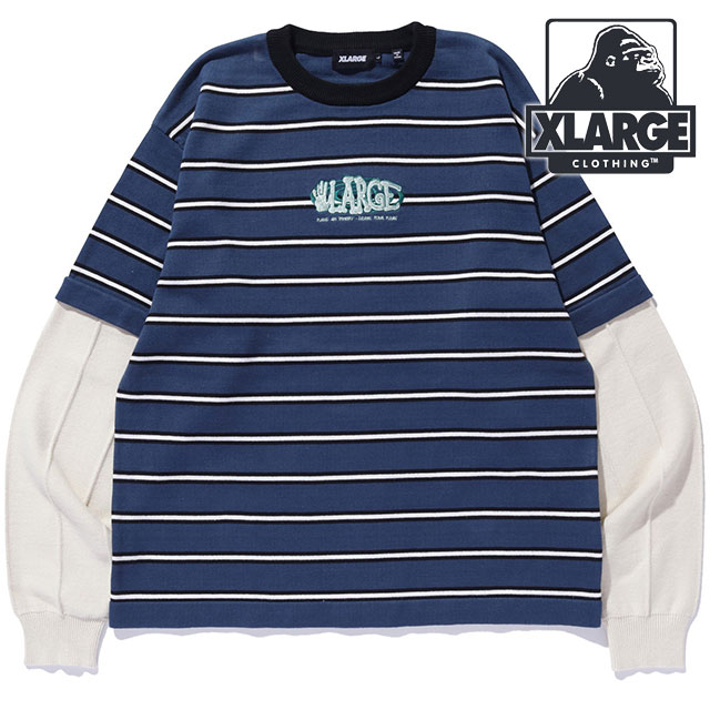 エクストララージ XLARGE レイヤード クルーネック ニット [101251015004 SS25] LAYERED CREWNECK KNIT メンズ トップス 重ね着 ボーダー NAVY XLARGE（エクストラ ラージ） レイヤード クルーネック ニット