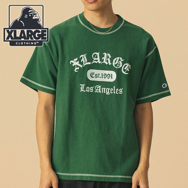 エクストララージ XLARGE チャンピオン リバースウィーブ ステッチドショートスリーブTシャツ [101252011048 SS25SPOT] XLARGE×Champion REVERSE WEAVE STICHED S/S TEE  メンズ トップス 半袖 コラボ BLACK 【メール便可】 正規取扱店 XLARGE（エクストラ ラージ） チャンピオン リバースウィーブ ステッチ