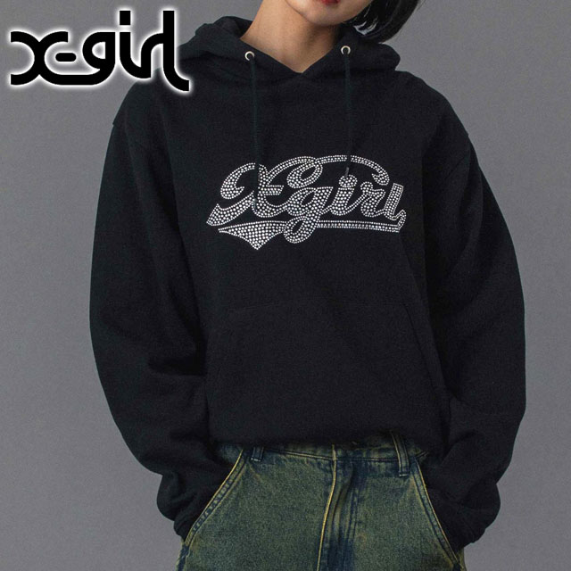 エックスガール X-girl ラインストーン スウェットフーディー 105254012008 FW25 RHINESTONE CURSIVE LOGO SWEAT HOODIE レディース xgirl ブラック 正規取扱店 | X-girl | 01