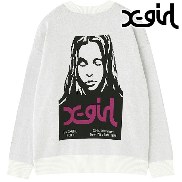 エックスガール X-girl ジャガードニットトップ 105254015015 FW25 FACE JACQUARD KNIT TOP レディース xgirl クルーネック セーター 秋冬 ホワイト 正規取扱店 | X-girl