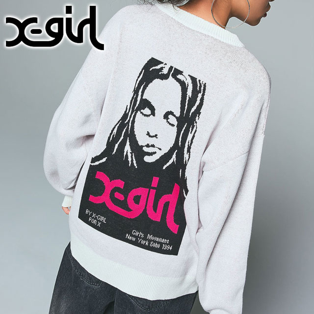 エックスガール X-girl ジャガードニットトップ 105254015015 FW25 FACE JACQUARD KNIT TOP レディース xgirl クルーネック セーター 秋冬 ホワイト 正規取扱店 | X-girl | 01