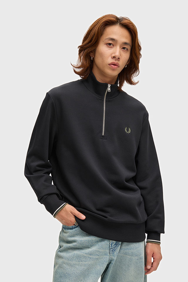 フレッドペリー FRED PERRY メンズ ハーフジップ スウェットシャツ M3574-W54 HALF ZIP SWEATSHIRT 裏毛 コットン カジュアル 黒 BLK ECR LRLWGREN 正規取扱店 | FRED PERRY