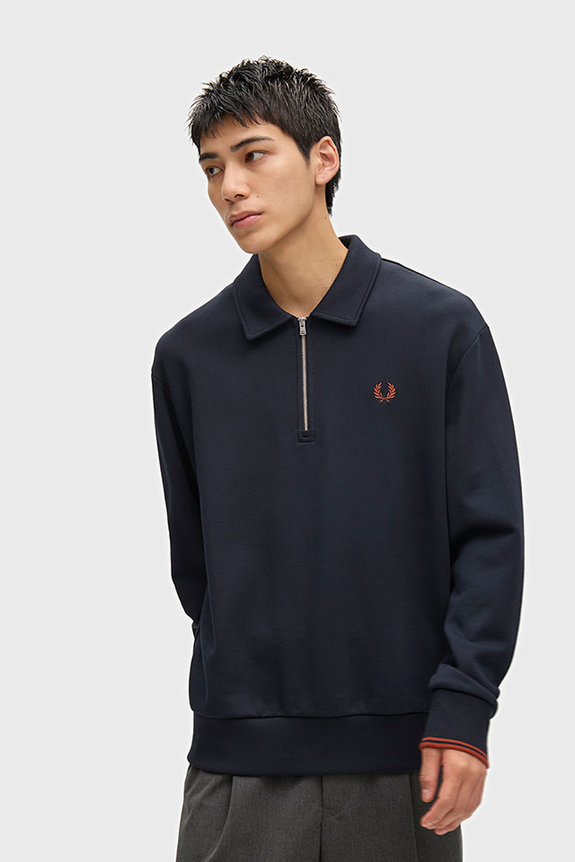 フレッドペリー FRED PERRY メンズ ハーフジップ ポロスウェットシャツ M2426-608 HALF ZIP COLLARED SWEATSHIRT 裏毛 リラックスフィット 紺 NAVY 正規取扱店 | FRED PERRY