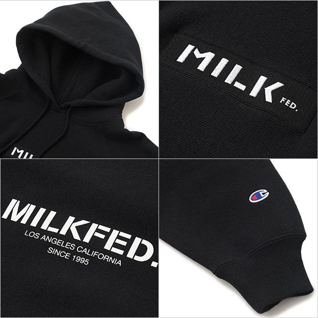 美品 MILKFED ミルクフェド チャンピオン 別注 BAR SWEAT HOODIE リバースウィーブ スウェット フーディ パーカー サイズS ブラック レディース 古着 中古 USED MILKFED.（ミルクフェド） 美品 MILKFED チャンピオン 別注 BAR SWEAT