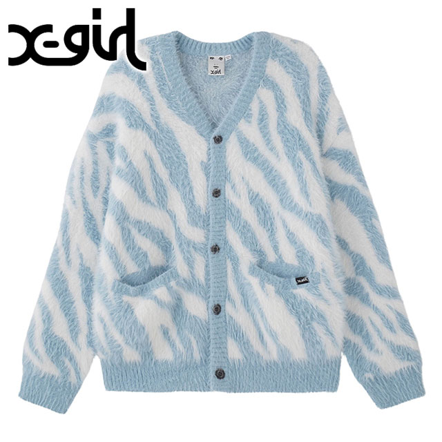 Yahoo! Yahoo!ショッピング(ヤフー ショッピング)エックスガール X-girl ゼブラ ニットカーディガン 105244015015 FW24WINTER ZEBRA KNIT CARDIGAN レディース トップス Vネック LtBLUE