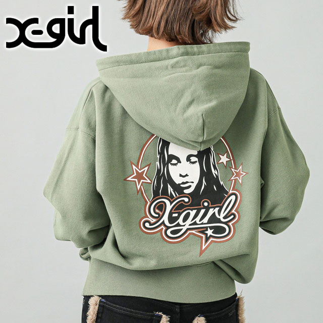 エックスガール X-girl フェイスアンドスター スウェットフーディー 105244012013 FW24WINTER FACE AND STARS SWEAT HOODIE レディース プルオーバー OLIVE