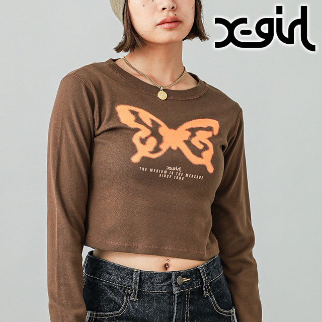 エックスガール X-girl サプライバタフライプリント ロングスリーブ ベイビーTシャツ 105244011002 SPRAY BUTTERFLY PRINT L S BABY TEE BROWN 正規取扱店