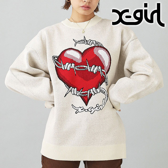 エックスガール X-girl ハートバーベッドワイヤー ジャガードニットトップ 105244015004 HEART BARBED WIRE JACQUARD KNIT TOP レディース OFF-WHITE 正規取扱店