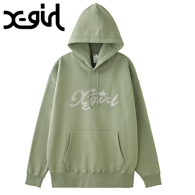 エックスガール X-girl ラインストーンスター カーシヴロゴ スウェットフーディー 105244012014WINTER レディース トップス プルオーバー OLIVE 正規取扱店