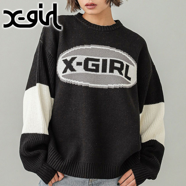 エックスガール X-girl バイカラーオーバルロゴ ジャガードニットトップ 105244015005 FW24WINTER レディース トップス セーター BLACK 正規取扱店