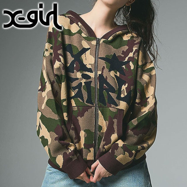 ���å��������� X-girl ���㥬���ɥ˥å� ���åץ��åץա��ǥ��� 105253015007 FW25 JACQUARD KNIT ZIP UP HOODIE ��ǥ����� CAMO �����谷Ź