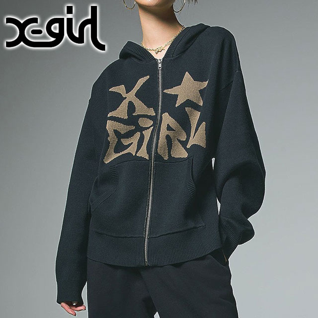 ���å��������� X-girl ���㥬���ɥ˥å� ���åץ��åץա��ǥ��� 105253015007 FW25 JACQUARD KNIT ZIP UP HOODIE ��ǥ����� BLACK �����谷Ź
