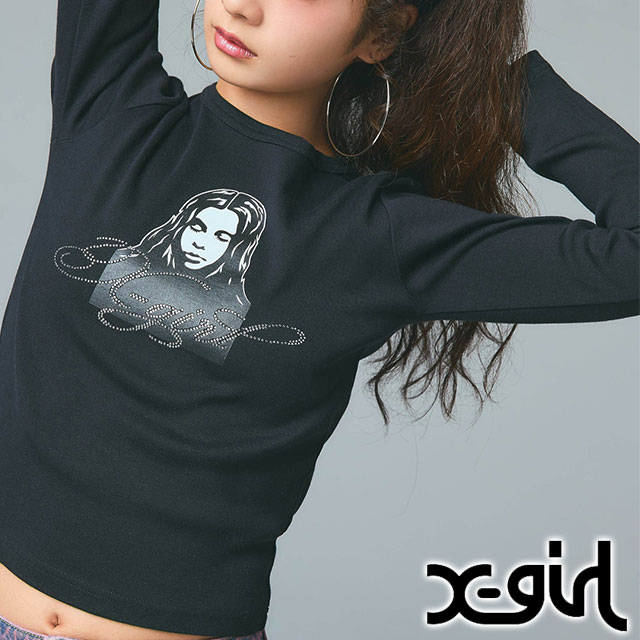 X-girl（エックスガール） ラインストーンロゴアンドフェイス ロング