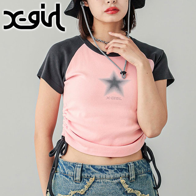 エックスガール X-girl レディース ドッテドスター ショートスリーブ ラグラン ベビートップ 105242013006 SU24 半袖 Tシャツ OLIVE 正規取扱店 X-girl エックスガール レディース ドッテドスター ショート