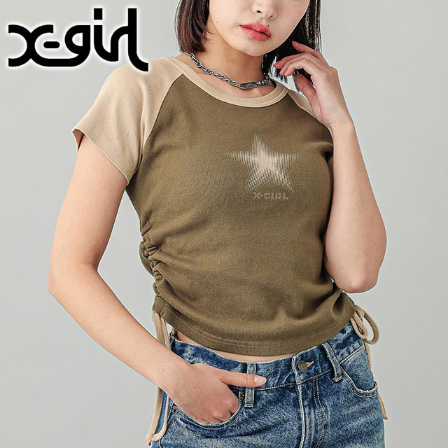 エックスガール X-girl レディース ドッテドスター ショートスリーブ ラグラン ベビートップ 105242013006 SU24 半袖 Tシャツ OLIVE 正規取扱店