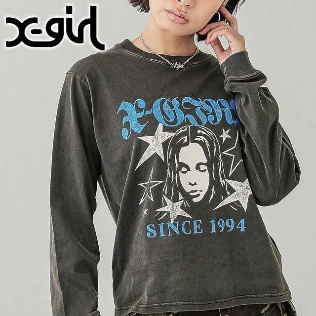 エックスガール X-girl スターアンドフェイスロゴ フェイデッド ロングスリーブTシャツ 105251011007 SS25 STAR AND FACE LOGO FADED LS TEE BLACK  正規取扱店