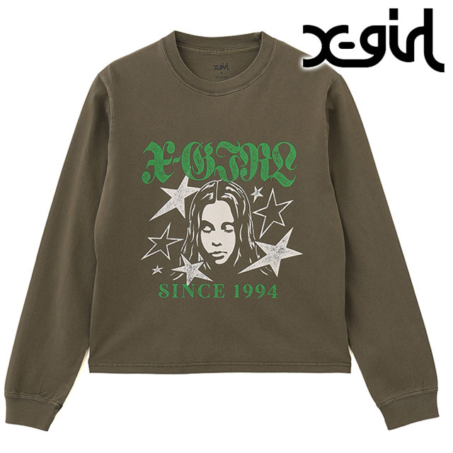 エックスガール X-girl スターアンドフェイスロゴ フェイデッド ロングスリーブTシャツ 105251011007 SS25 STAR AND FACE LOGO FADED LS TEE OLIVE  正規取扱店 X-girl エックスガール スターアンドフェイスロゴ フェイデッド