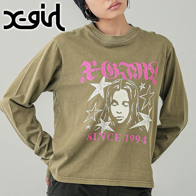 エックスガール X-girl スターアンドフェイスロゴ フェイデッド ロングスリーブTシャツ 105251011007 SS25 STAR AND FACE LOGO FADED LS TEE OLIVE  正規取扱店