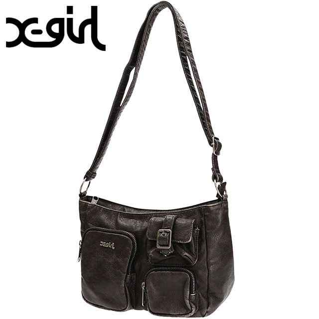エックスガール X-girl マルチポケット フェイクレザーショルダーバッグ 105254053001 FW25 MULTI POCKET FADED FAUX LEATHER BAG ブラック 正規取扱店 | X-girl