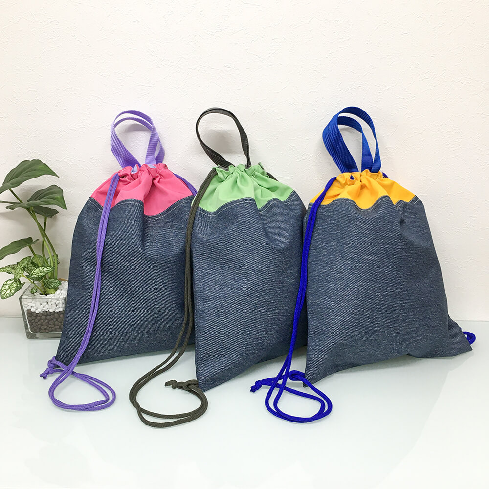 ナップサック型体操着袋 Denim ja Nylon デニムじゃナイロン 撥水 持ち手付 体操服袋 （体操着入れ 大きめ 巾着袋 お着替え袋 ） 入園グッズ 入学グッズ 幼稚園 保育園 小学校 日本製 キッズ 通園 通学