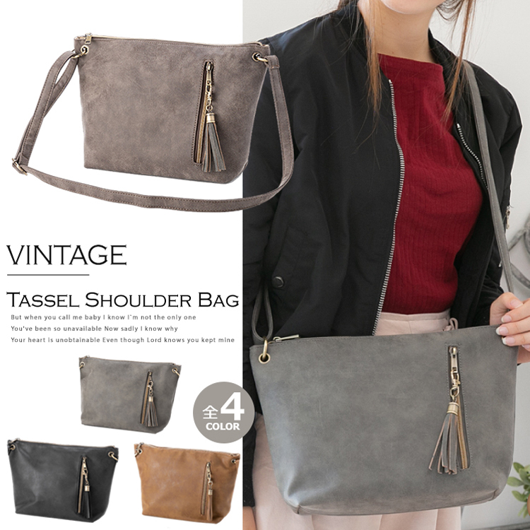 ブラックレザーショルダーバッグ タッセル付き 正方形 撥水 牛革 タッセル付き ショルダーバッグ | エールック株式