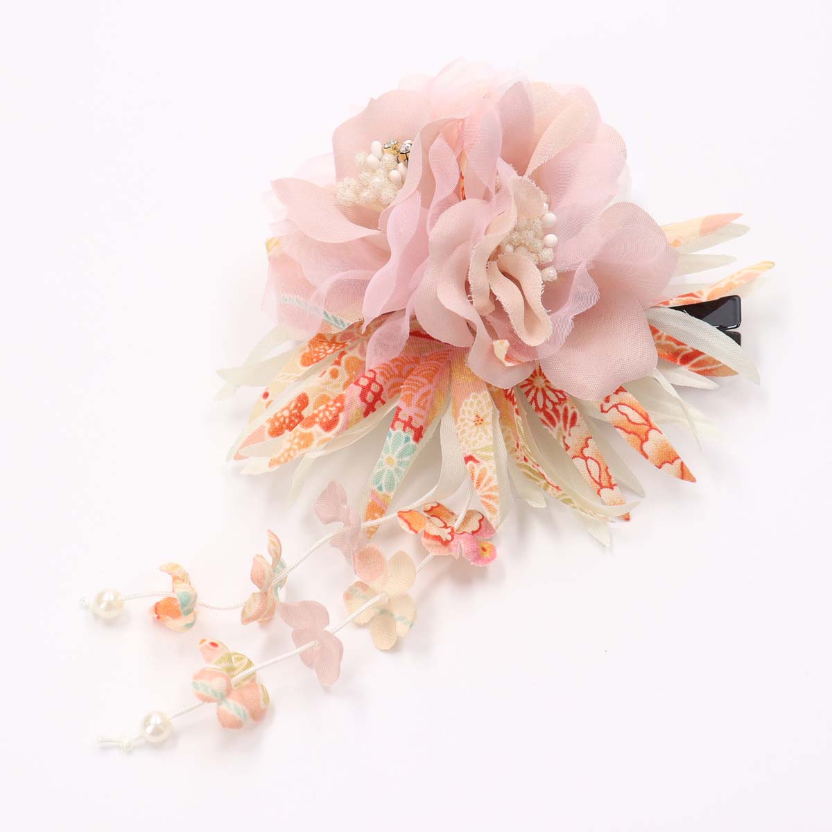 髪飾り クリップ 和装 浴衣 成人式 七五三 卒業式 入学式 花 ヘアアクセサリー かんざし 髪留め 花びら下がりの和柄2輪コサージュ 赤 白 コサージュ ゆかた 飾り | MisshKissh | 14