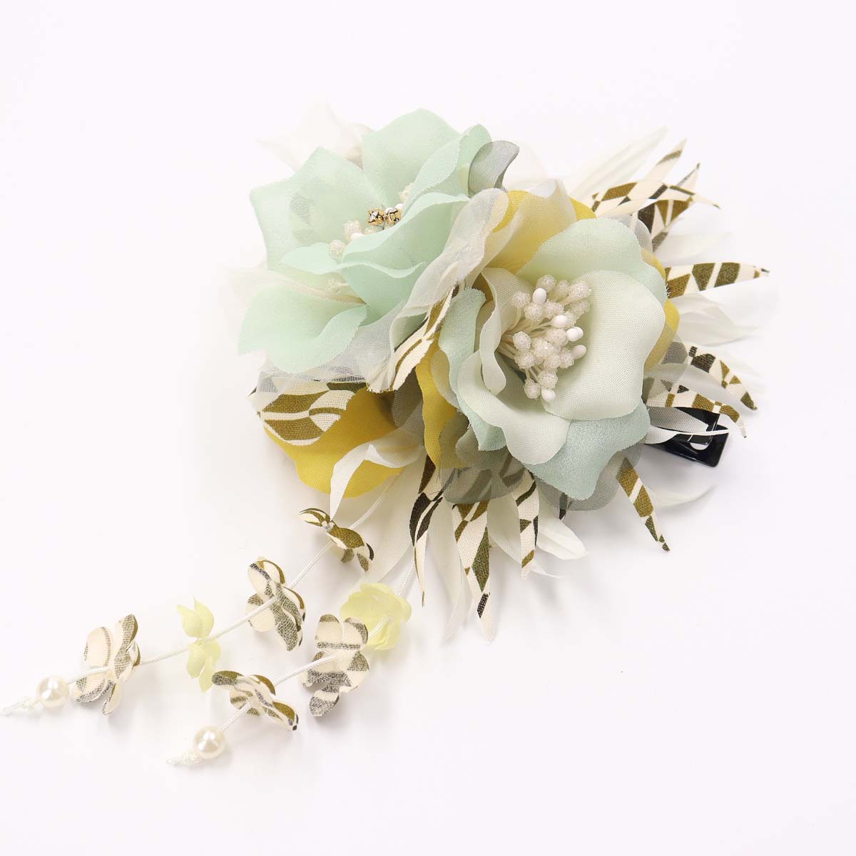 髪飾り クリップ 和装 浴衣 成人式 七五三 卒業式 入学式 花 ヘアアクセサリー かんざし 髪留め 花びら下がりの和柄2輪コサージュ 赤 白 コサージュ ゆかた 飾り | MisshKissh | 09