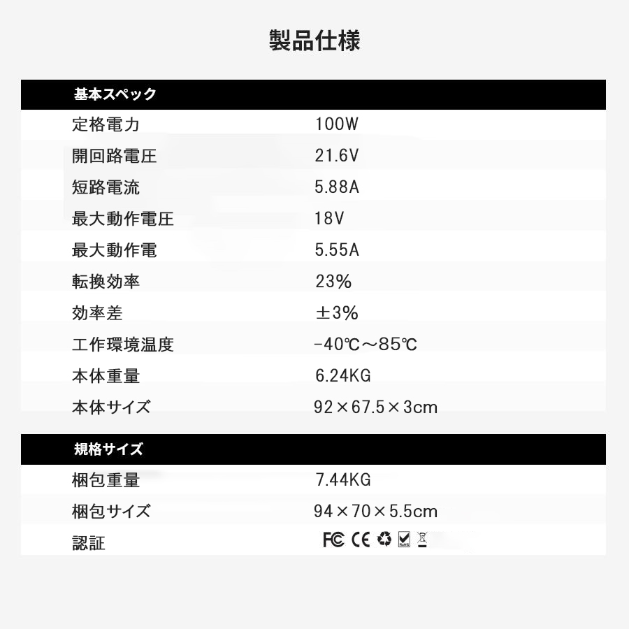 100W 18V単結晶 太陽光パネル ソーラーパネル 高効率単結晶太陽光発電