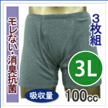 【33015】【大きいサイズ】【3Lサイズ ３枚組】 男性用失禁パンツ 尿漏れパンツ トランクス（吸水量100cc） 【敬老の日プレゼント贈り物】  前あきタイプ