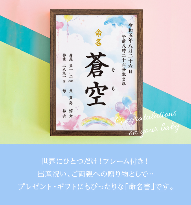 命名書 イルカ 命名紙 額付き A4サイズ お七夜 出産祝い