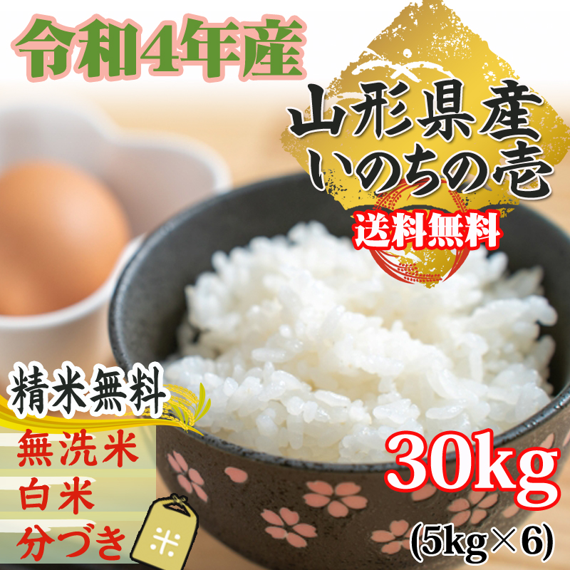 米 玄米 30kg いのちの壱 5kg×6袋 令和4年産 山形県産 精米無料 白米