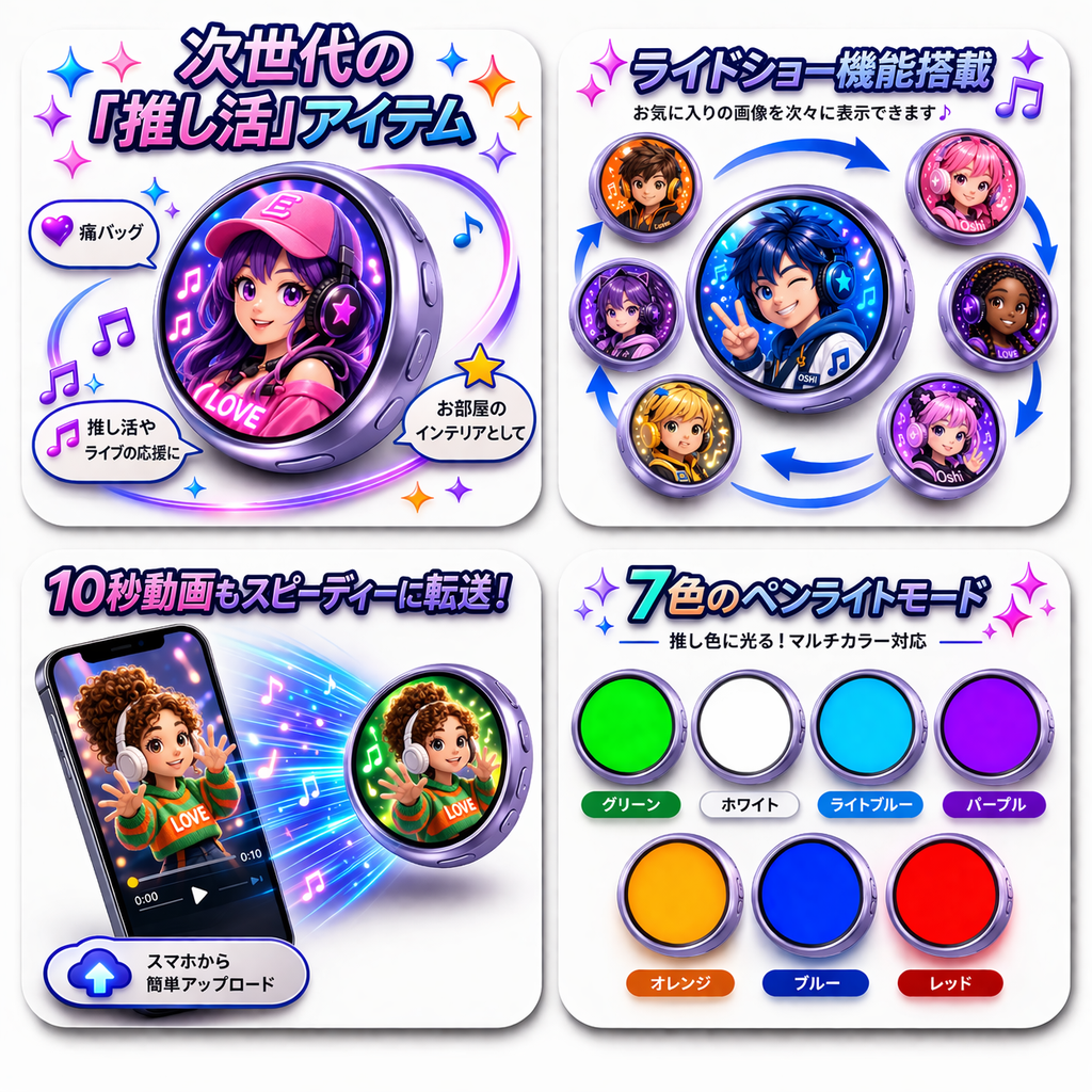 デジタル缶バッジ 推し活 電子バッジ 1.7インチ IPS Bluetooth 動画