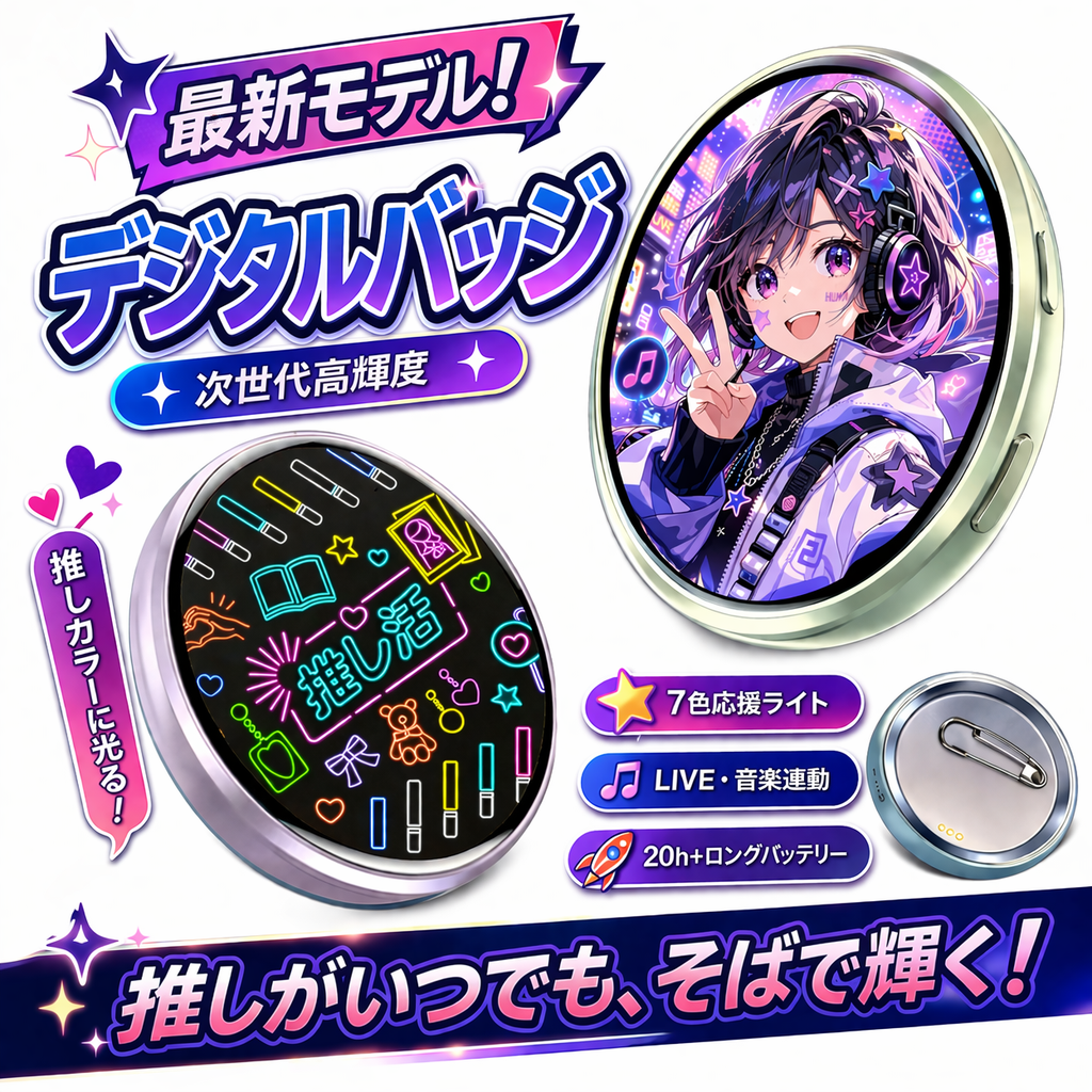 デジタル缶バッジ 推し活 電子バッジ 1.7インチ IPS Bluetooth 動画
