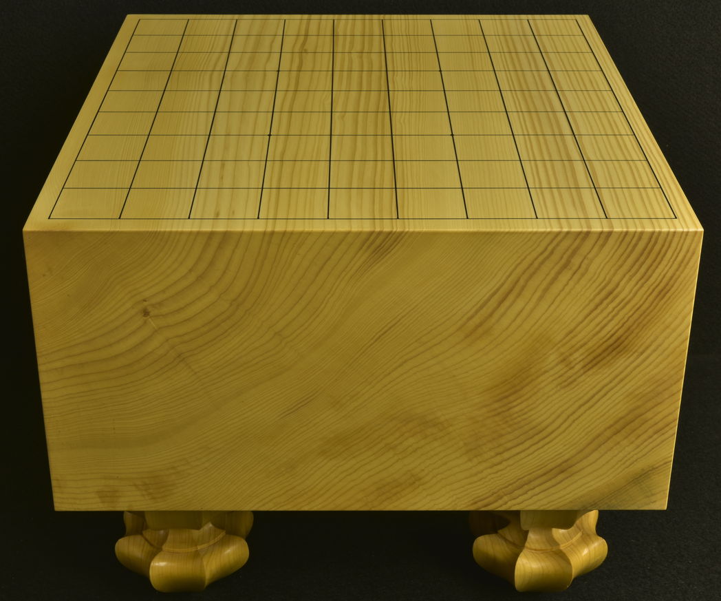 本カヤ4.5寸将棋盤、盤覆、覆布、4本足駒台付き
