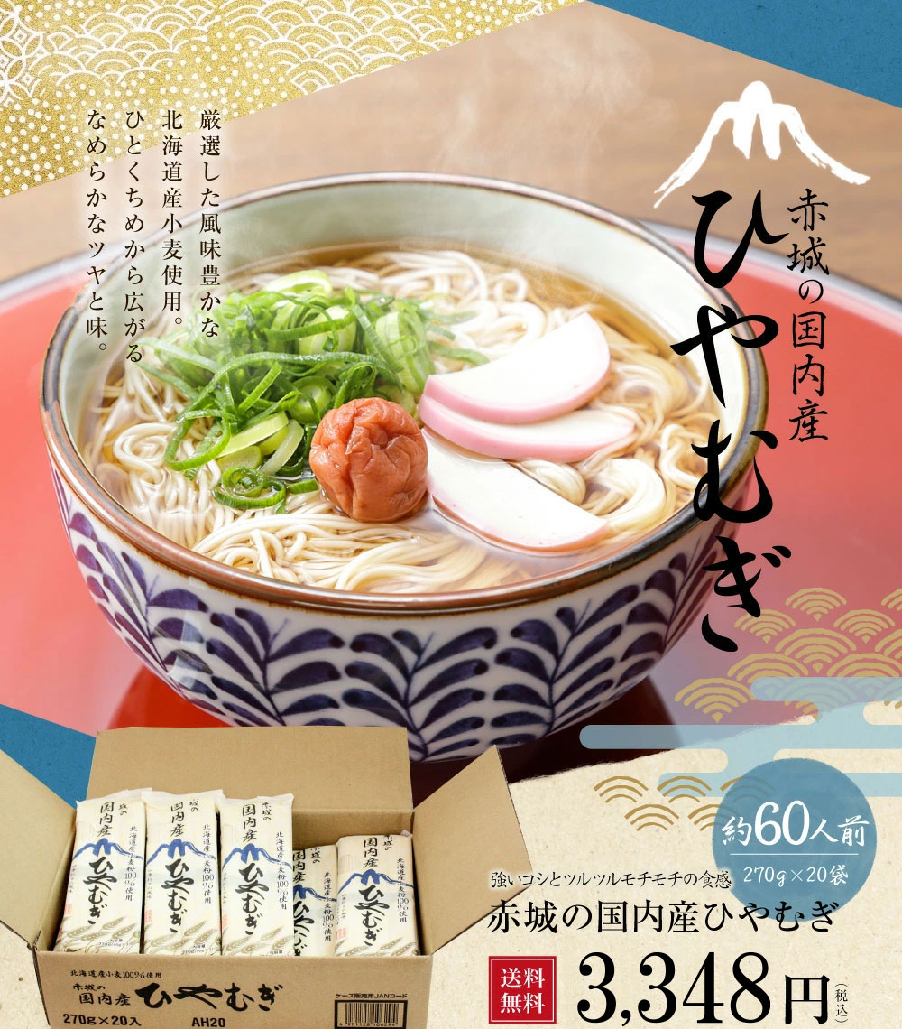 在庫なし】ひやむぎ 冷麦 赤城の国内産ひやむぎ270ｇ×20袋 送料無料 北海道産小麦100%使用 まとめ買い  :ah-20:三輪そうめん池利Yahoo!店 - 通販 - Yahoo!ショッピング