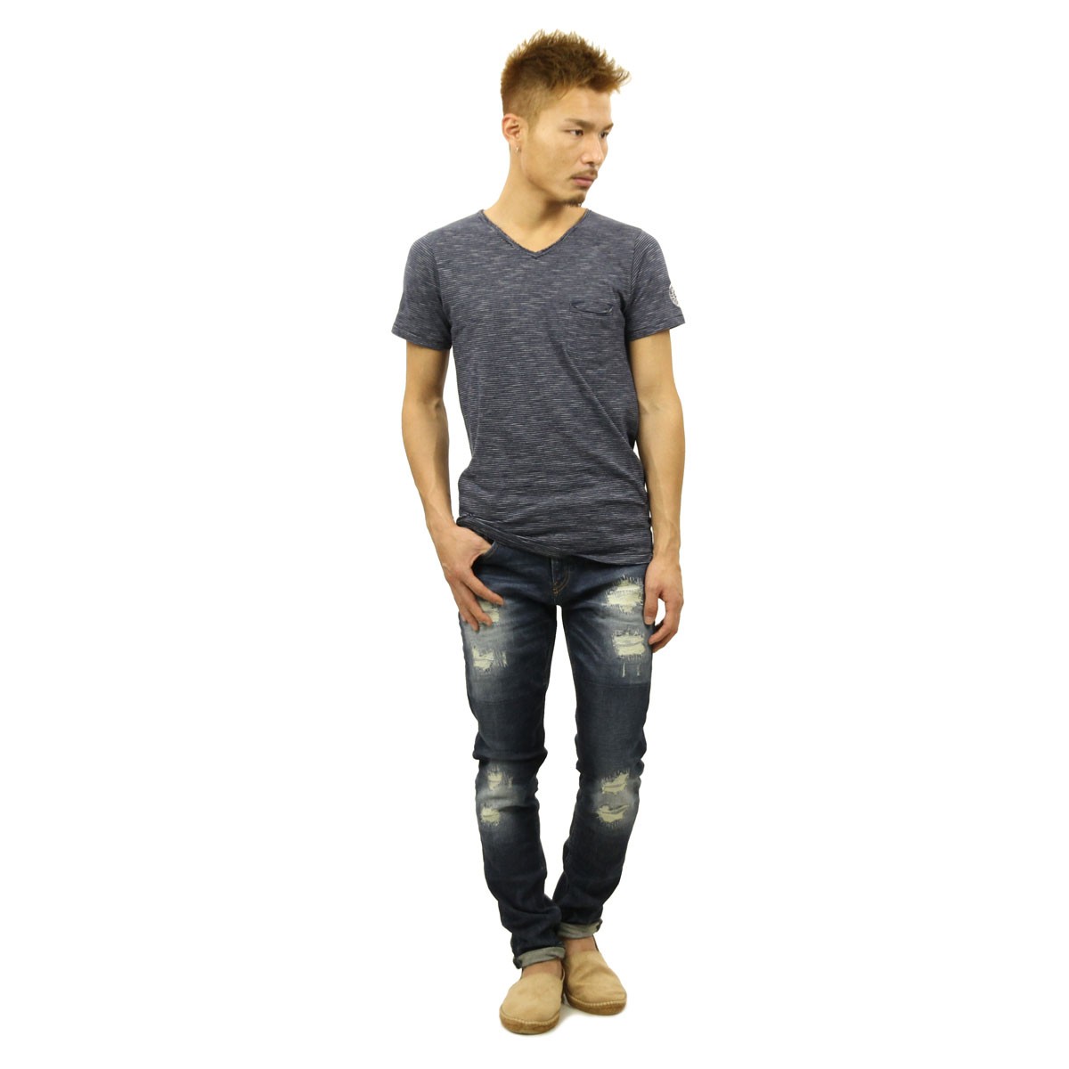 ディストレス DSTREZZED 正規販売店 メンズ 半袖Tシャツ V-NECK S/S IRREGULAR STRIPE TEE 202264 69 NAVY