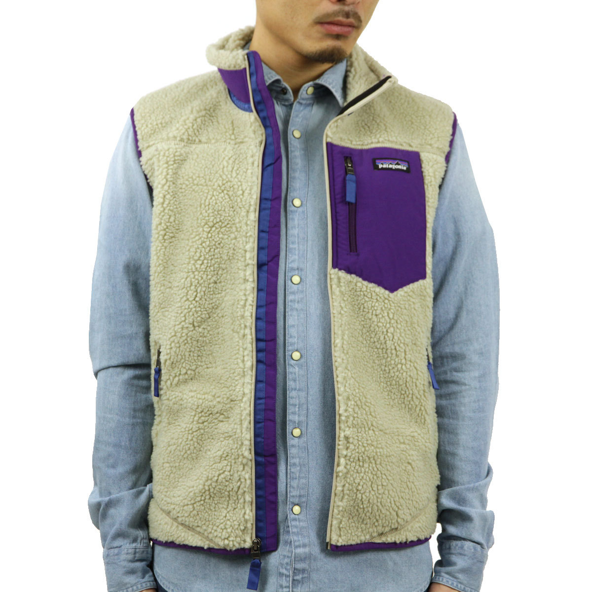 パタゴニア ベスト メンズ 正規品 patagonia レトロX ボアベスト MEN'S CLASSIC RETRO-X FLEECE VEST  PELICAN W/PURPLE 23048