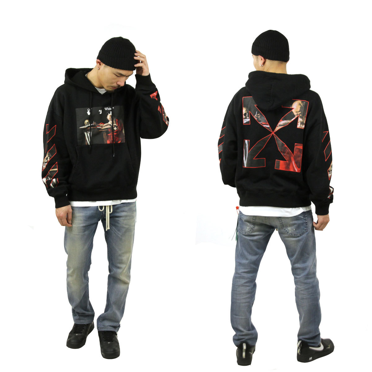 オフホワイト パーカー メンズ 正規品 OFF-WHITE プルオーバーパーカー カラバッジョ CARAVAGGIO OVER PULLOVER  HOODIE BLACK RED 1025 OMBB037R21FLE00201