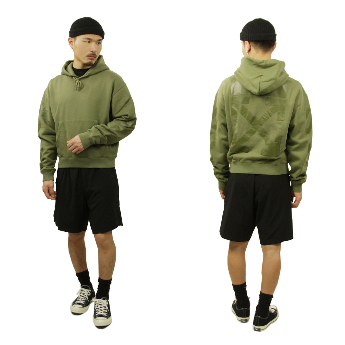 オフホワイト アローロゴパーカー グリーン/ブラック Off-White Fresco Arrow Skate Hoodie | FARFETCH
