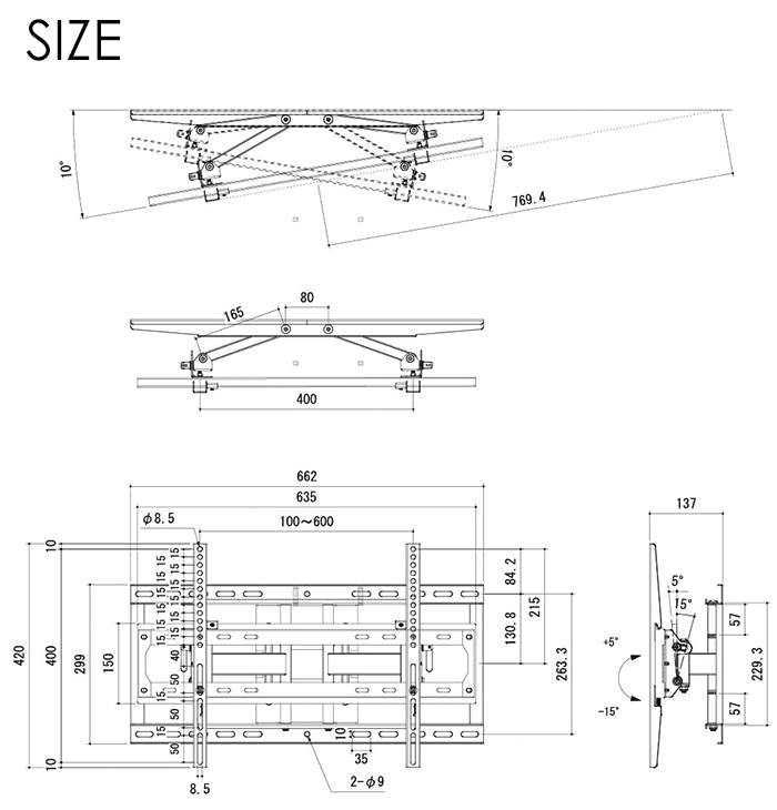 壁掛け金具 テレビ用 32〜77インチ テレビ金具 壁掛けテレビ 左右首