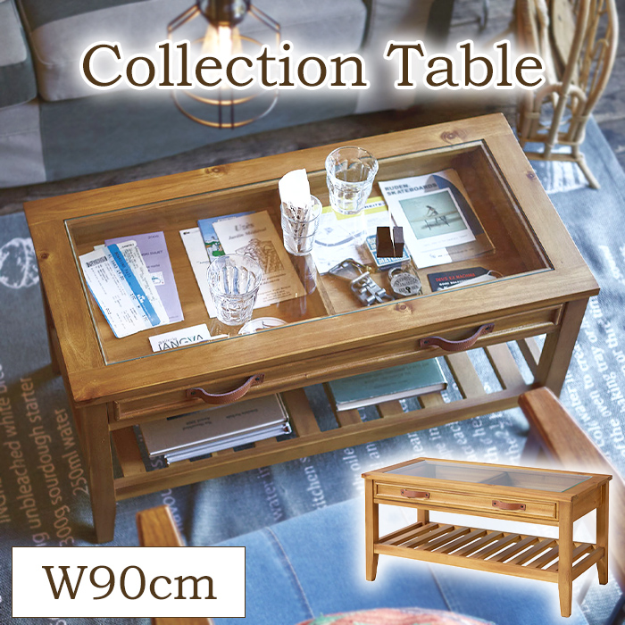 テーブル ローテーブル 木製 幅90cm 引き出し付き ガラス天板 北欧 おしゃれ ヴィンテージ ディスプレイ｜miyaguchi