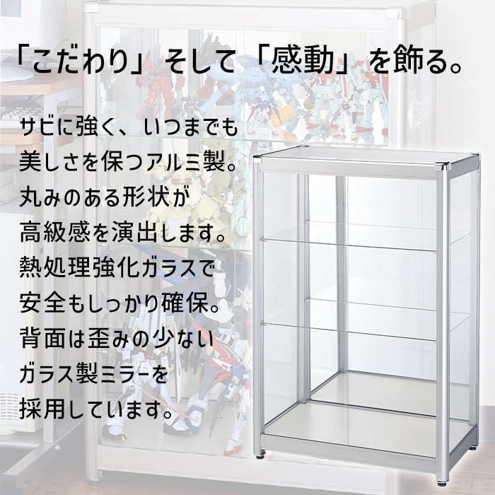 鎌倉彫　コレクションケース2段　背面ミラー　ガラスケース・ショーケース コレクションラック コレクションケース ガラス 幅60cm アルミ