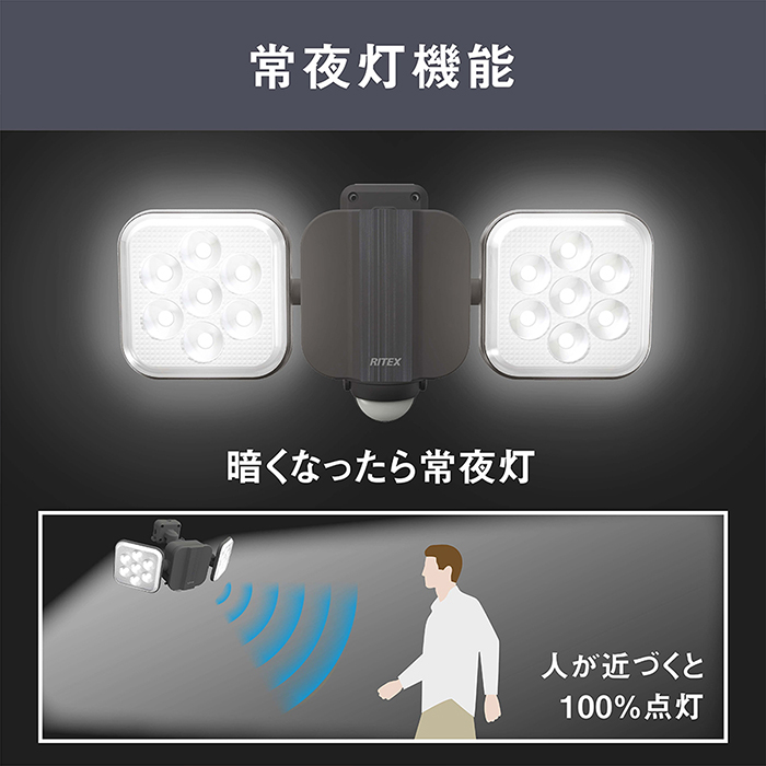 センサーライト 屋外 LED ソーラー充電 乾電池 ハイブリット 2灯タイプ フリーアーム 防犯 照明 RITEX_6