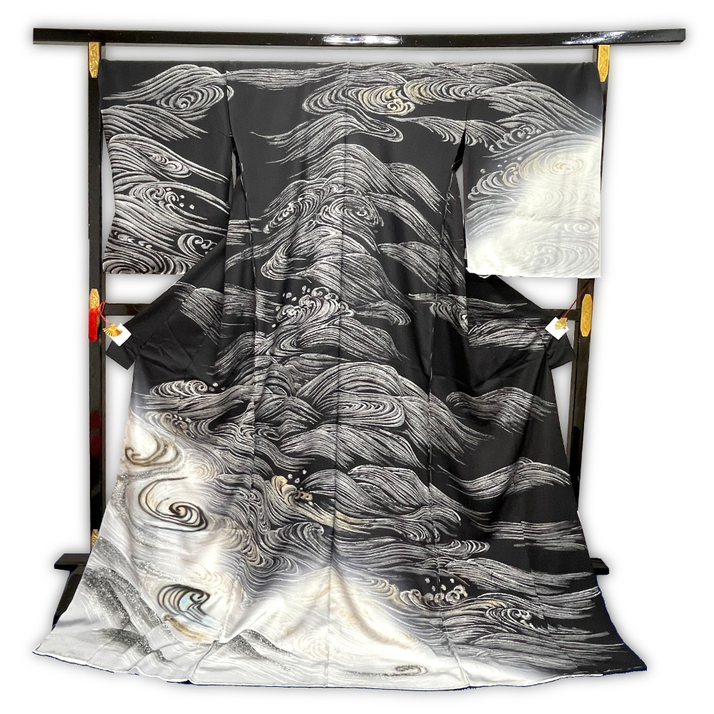 508mk27☆小紋 呉服店取扱い 変わり市松 モノトーン☆しつけ付き美品