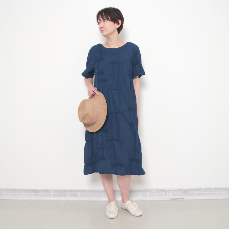 五感 ワンピース 藍染×インディゴ手染め シャーリングワンピース 綿98