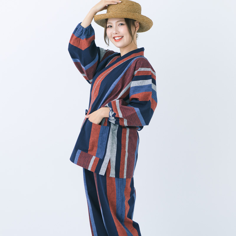 作務衣 新型 縞柄 大縞 小縞 ストライプ 女性 レディース 紺/赤